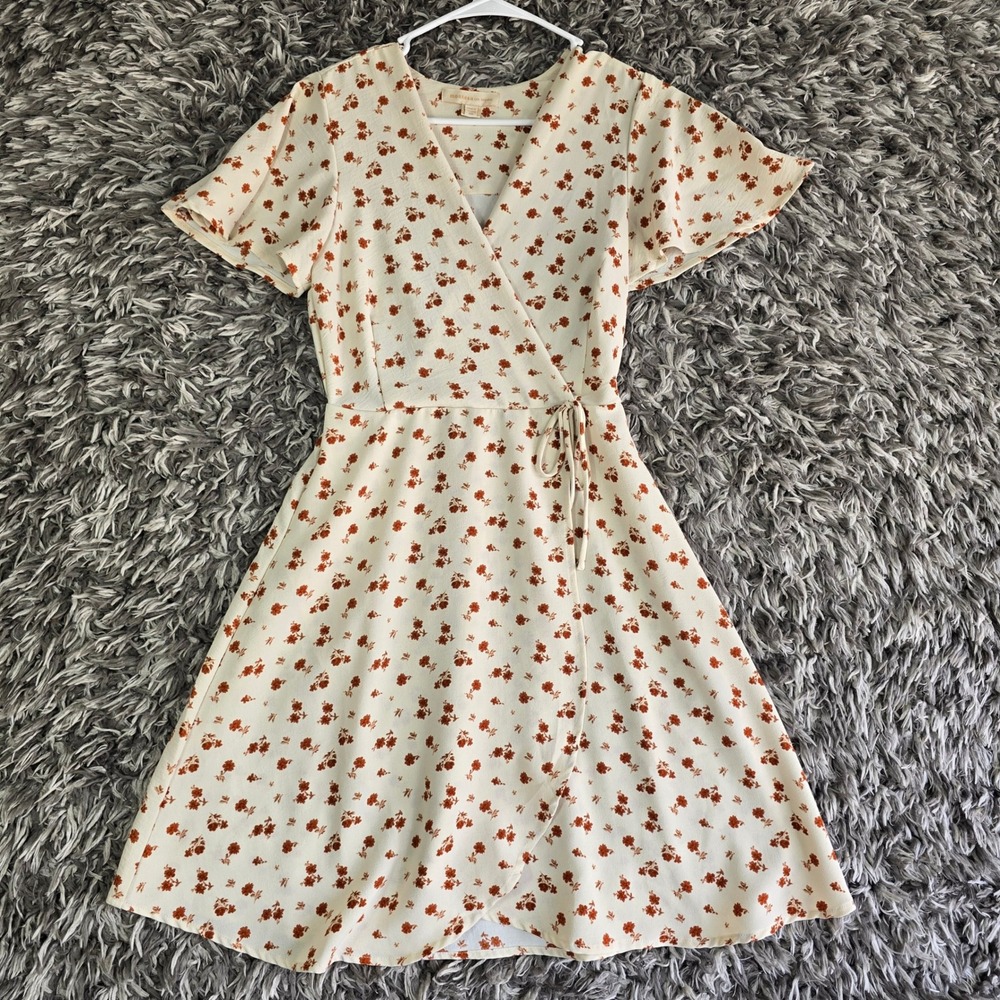 Monteau Los Angeles Womens XS Floral Wrap Dress Cream Orange Flutter Sleeve Mini